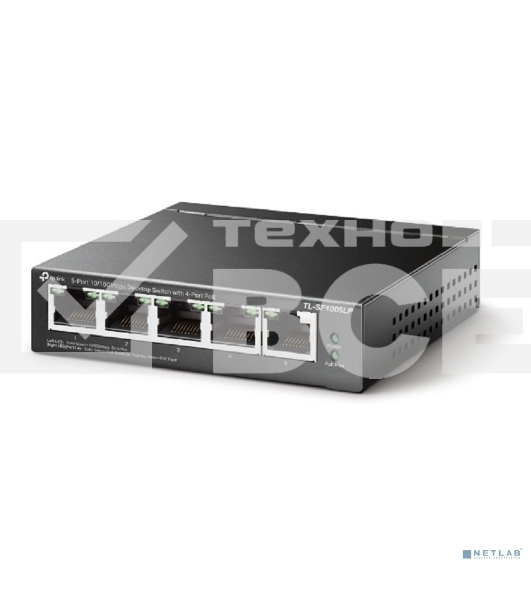 Коммутатор 5-Port 10/100Mbps Unmanaged Switch with 4-Port PoE, meta case, desktop mount, PoE budget 41W.