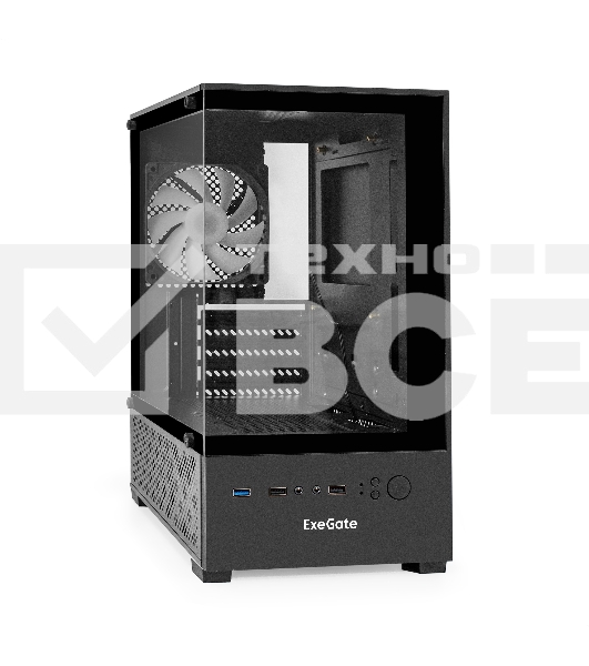 Компьютерный корпус Minitower ExeGate i3 SEA (mATX, БП 450NPX, 2*USB+1*USB 3.0, HD аудио, черный, 1 вент. 12см с RGB подсветкой, передняя и боковая панели - закаленное стекло)