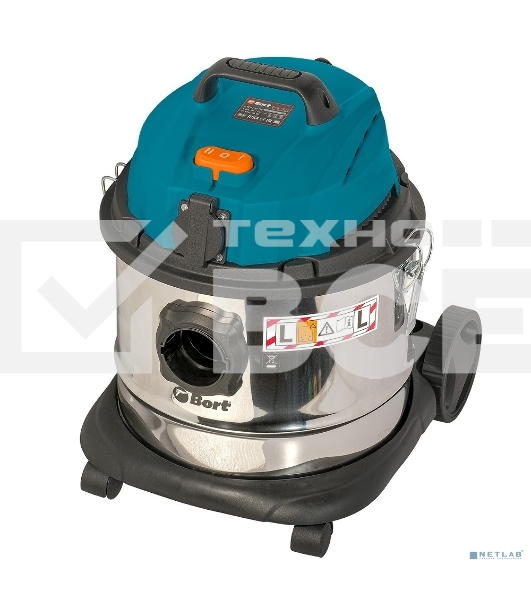 Строительный пылесос Bort BSS-1215 синий/серебристый, 260/1200 Вт, уборка сухая/влажная, пылесборник мешок/контейнер, 15 л