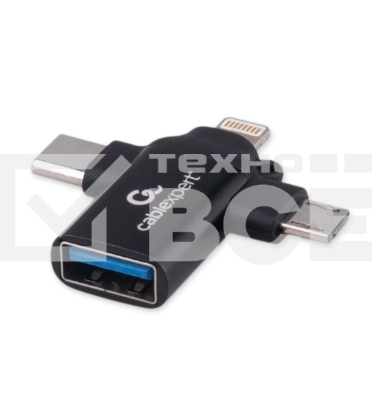 Переходник USB3.1 Cablexpert A-USB3.1-AF-3in1, AF/Type-C(M)+MicroUSB(M)+Lightning(M), с поддержкой OTG, черный, пакет