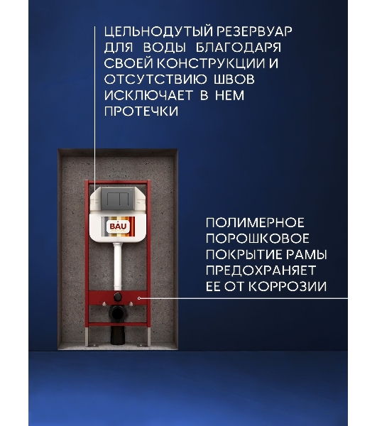 Рамная инсталляция BAU NEO 45 для подвесного унитаза и кнопка смыва BAU Stil Gun Grey, антивандальная, нержавеющая сталь темно-серый металлик