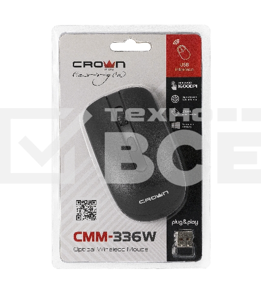 Мышь беспроводная Crown CMM-336W черный, 1600 dpi, радиоканал, USB, кнопки - 4