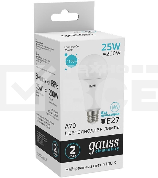 Лампа светодиодная Gauss Elementary 25Вт цок.:E27 груша 220B 4100K св.свеч.бел.ней. A67 (упак.:10шт) (73225)