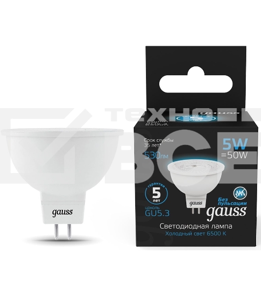 Лампа светодиодная Gauss 101505305 5Вт цок.:GU5.3 рефлек. 220B 6500K св.свеч.бел.хол. (упак.:10шт)