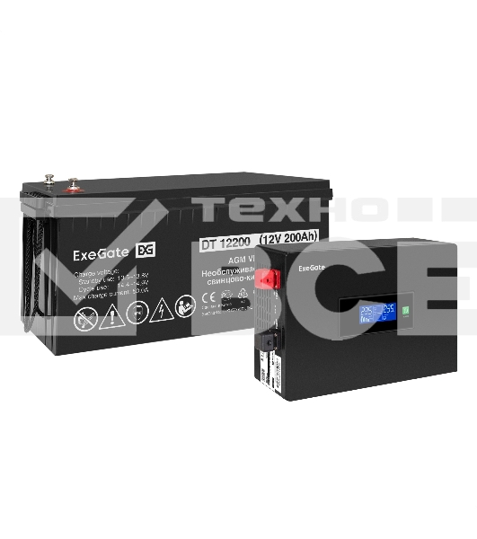 Комплект Источник бесперебойного питания EX295992RUS + батарея 200Aч EX282991RUS 1шт (инвертор, синус, для котла, PF=1, настенный) ExeGate IdealSine SR-600.LCD.2SH <600VA/600W, чистая синусоида, цветной LCD-дисплей, 2*Schuko, крепление настенное, Black> +