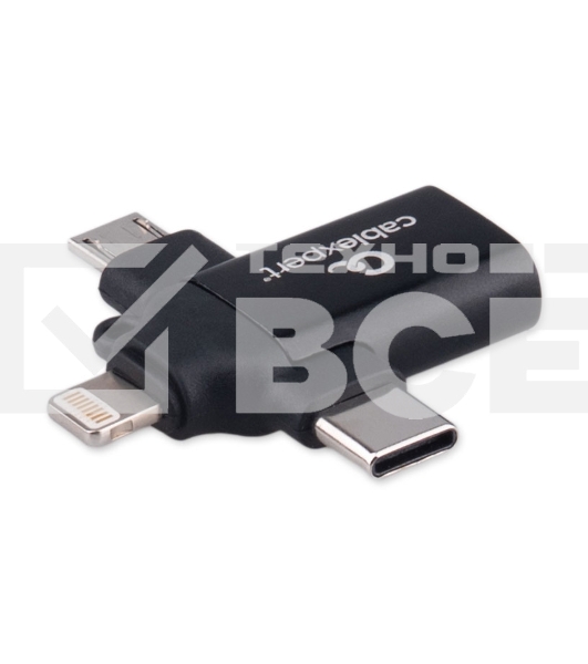 Переходник USB3.1 Cablexpert A-USB3.1-AF-3in1, AF/Type-C(M)+MicroUSB(M)+Lightning(M), с поддержкой OTG, черный, пакет