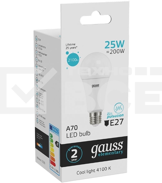 Лампа светодиодная Gauss Elementary 25Вт цок.:E27 груша 220B 4100K св.свеч.бел.ней. A67 (упак.:10шт) (73225)