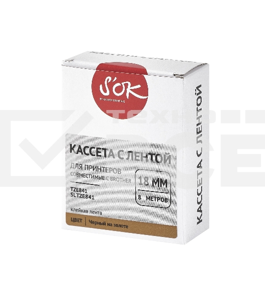 Кассета с лентой S'OK by Sakura Printing TZE841 для Brother, черный на золотом, 18мм/8м, наклейка