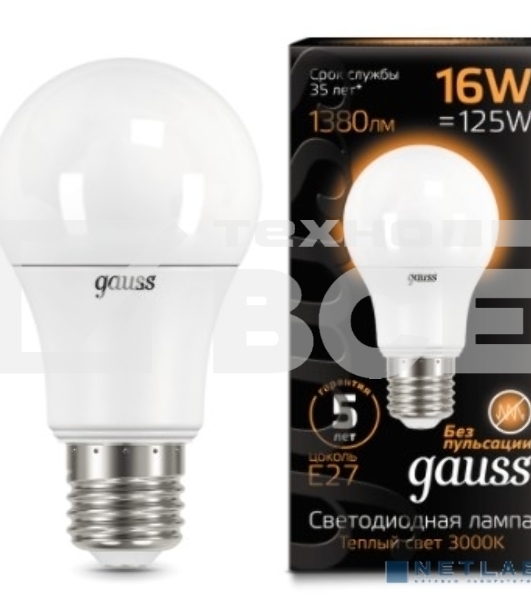 Лампа светодиодная Gauss LED A60 16W E27 1380lm 3000K 1/10/50 102502116