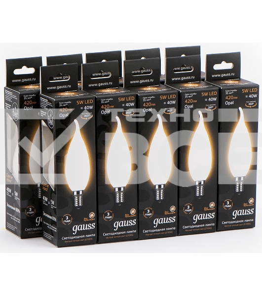 Лампа филам. Gauss Filament 5Вт цок.:E14 свеча 220B св.свеч.бел.теп. (упак.:10шт) (104201105)