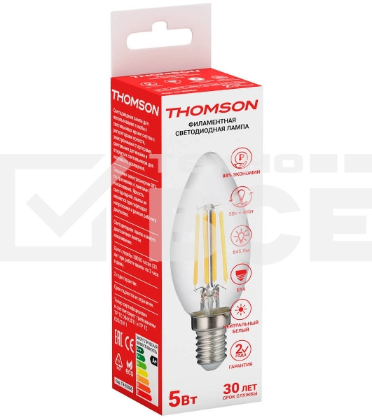 Лампа светодиодная Hiper THOMSON LED FILAMENT CANDLE 5W 545Lm E14 4500K TH-B2066