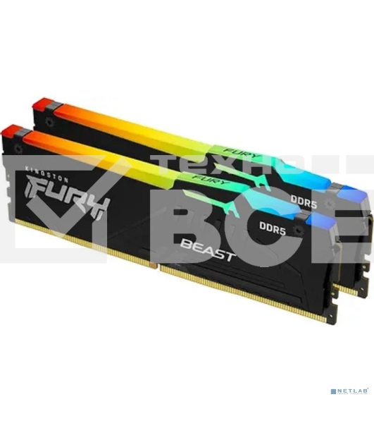 Оперативная память Kingston Fury Beast, DDR5, 64Gb (2x32Gb), 6000MHz, CL30, DIMM, с радиатором, RGb, черный