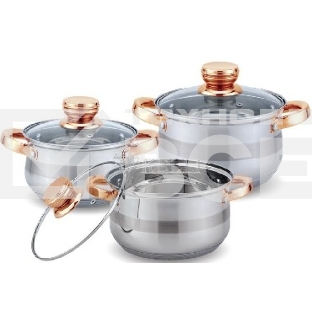 Набор посуды KELLI KL-4216 6 пред. (Кастрюля с жаропрочной стекл. крышкой 2.1 л. Кастрюля с жаропрочной стекл. крышкой 3 л. Кастрюля с жаропрочной стекл. крышкой 4 л. Мерная шкала внутри. Высококачественная нерж. сталь 18/10. 5-ти слойное капсульное дно.)