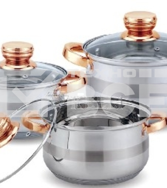 Набор посуды KELLI KL-4216 6 пред. (Кастрюля с жаропрочной стекл. крышкой 2.1 л. Кастрюля с жаропрочной стекл. крышкой 3 л. Кастрюля с жаропрочной стекл. крышкой 4 л. Мерная шкала внутри. Высококачественная нерж. сталь 18/10. 5-ти слойное капсульное дно.)