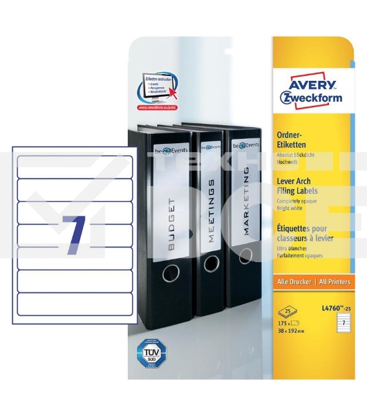 Этикетки Avery Zweckform L4760-25 A4 38x192мм 7шт на листе/80г/м2/25л./белый самоклей. универсальная