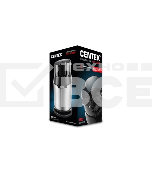 Кофемолка Centek CT-1362 (сталь) 200Вт, 60гр, стальн стакан, стальн чаша, прозрачная крышка