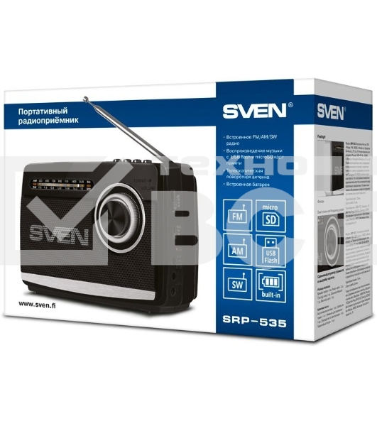 Радиоприёмник SVEN SRP-535 чёрный (3 Вт, FM/AM/SW, USB, SD/microSD, 900 мАч, 2 х D/UM, фонарь)
