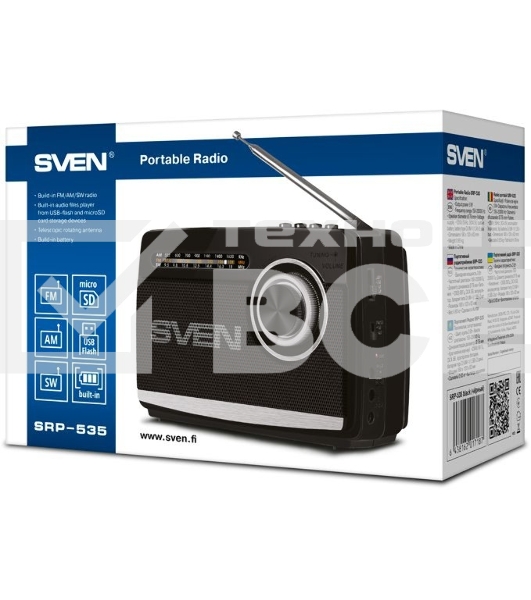 Радиоприёмник SVEN SRP-535 чёрный (3 Вт, FM/AM/SW, USB, SD/microSD, 900 мАч, 2 х D/UM, фонарь)