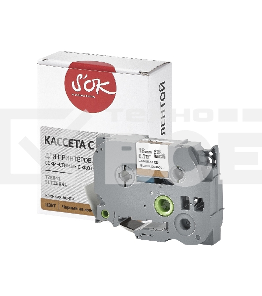 Кассета с лентой S'OK by Sakura Printing TZE841 для Brother, черный на золотом, 18мм/8м, наклейка