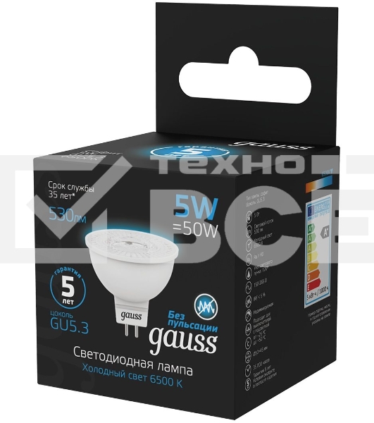 Лампа светодиодная Gauss 101505305 5Вт цок.:GU5.3 рефлек. 220B 6500K св.свеч.бел.хол. (упак.:10шт)
