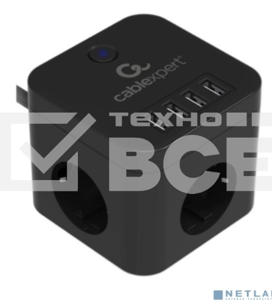 Сетевой фильтр Cablexpert Cube CUBE-3-U4-B-1.5, 3 р, 10А, 4хUSB, 1.5 м, ур.защиты 4+, черный, коробка