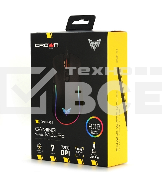 Мышь проводная Crown CMGM-902 черный, 7200 dpi, USB, кнопки - 7