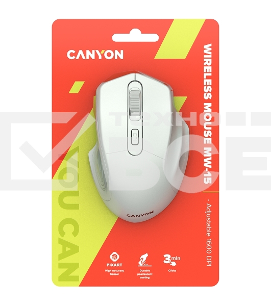 Мышь беспроводная Canyon MW-15 белый, 1600 dpi, радиоканал, USB, кнопки - 4