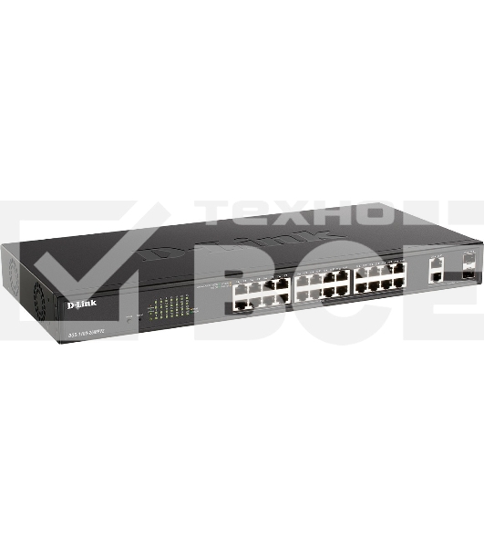 Настраиваемый L2 коммутатор D-Link DGS-1100-26MPV2/A3A с 24 портами 10/100/1000Base-T и 2 комбо-портами 1000Base-T/SFP (24 порта PoE 802.3af/at, PoE-бюджет 370 Вт)