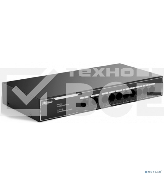 Коммутатор гигабитный 10-портовый неуправляемый c PoE Dahua DH-SG1010LP, 8xRJ45 1Gb PoE, 2xRJ45 1Gb uplink, суммарно 65Вт, коммутация 20 Гбит/с, MAC-таблица 2K, металл