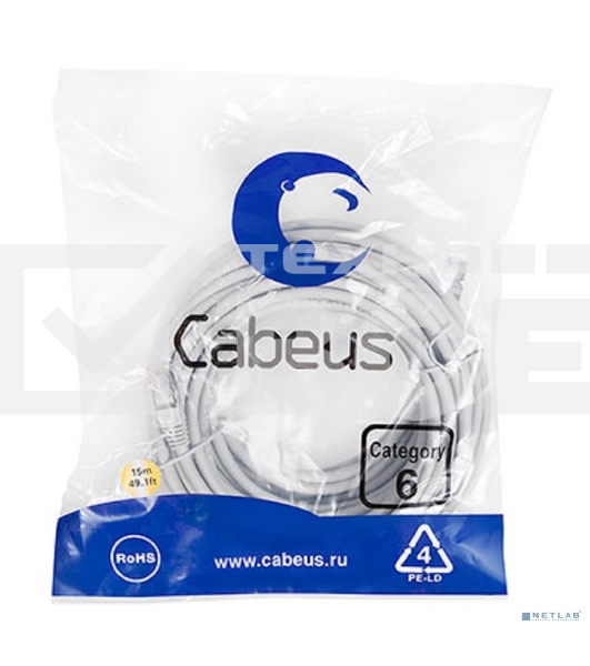 Шнур комм. Cabeus, cat.6, экр., F/UTP, RJ45/RJ45, LSZH, AWG24 15м, серый