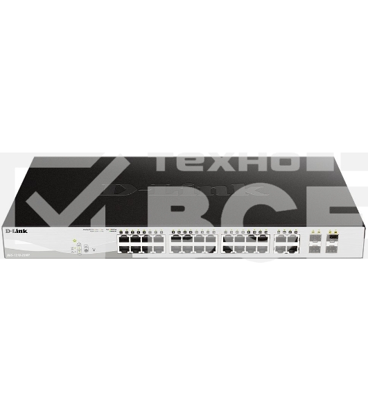 Коммутатор D-Link DGS-1210-28MP/FL1A, L2 Managed Switch with 24 10/100/1000Base-T ports and 4 100/1000Base-T/SFP combo-ports (24 PoE ports 802.3af/802.3at (30 W), PoE Budget 370 W).8K Mac address, 802.3x Flow C