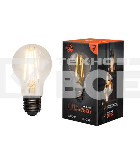 Лампа светодиодная филаментная Rexant Груша A60 9.5 Вт 1140 Лм 2700K E27 диммируемая, прозрачная колба