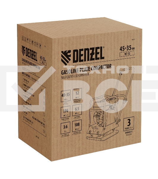Виброплита бензиновая Denzel VC-12 3.6 л, 4781 Вт 6.5 л.с., 12 кН, подошва 45х35, 108 дБ