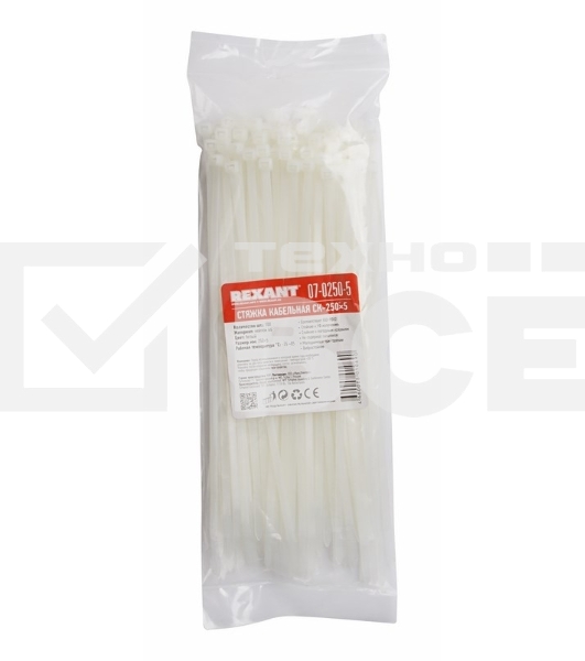 Хомут-стяжка кабельная нейлоновая Rexant 250 x4,8 мм, белая, упаковка 100 шт.