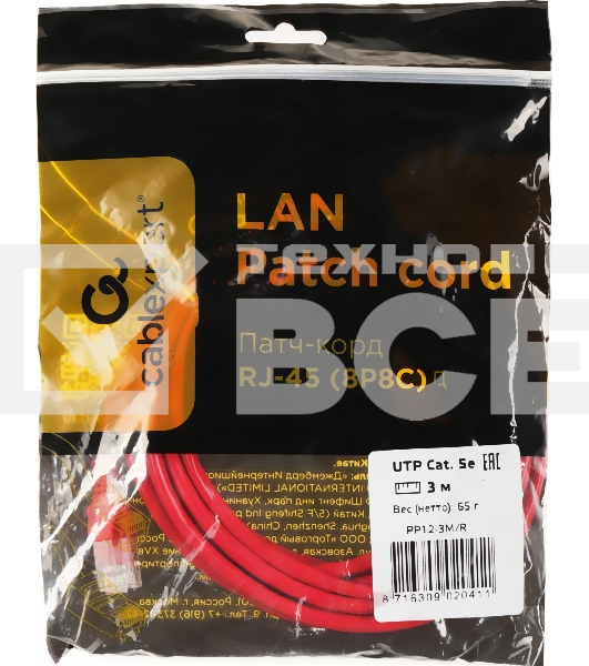 Патч-корд Premier PP12-3M/R 1000Гбит/с UTP 4 пары cat.5E CCA molded 3м красный RJ-45 (m)-RJ-45 (m)