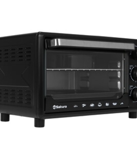 Мини-печь Sakura SA-7001HBK 35л, 3200Вт, духовка 1600Вт, конфорки 185мм+155мм (1000Вт+600Вт), механ.управление, 3 режима работы духовки (верх, низ, верх+низ), раздельная регулировка температуры духовки и конфорок, комплектация - металлическая решетка, противень и ухват. чёрны