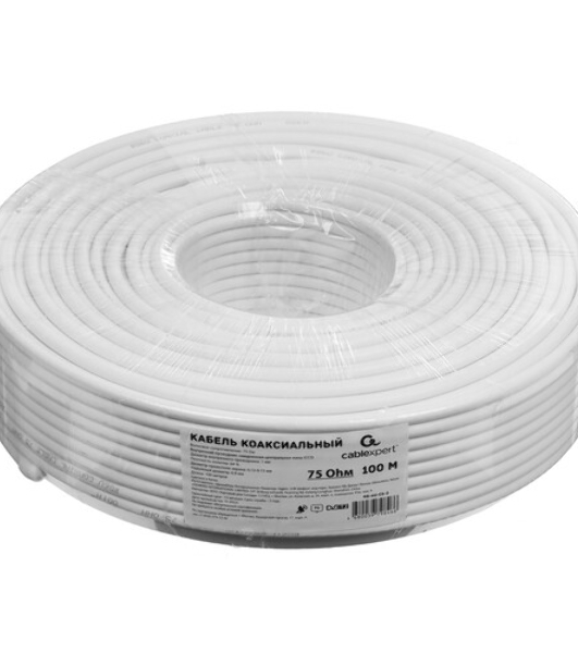 Кабель коаксиальный Cablexpert, RG-6U-CS-2, 75 Ом, 64%, 1 мм, CCS, белый, 100 м