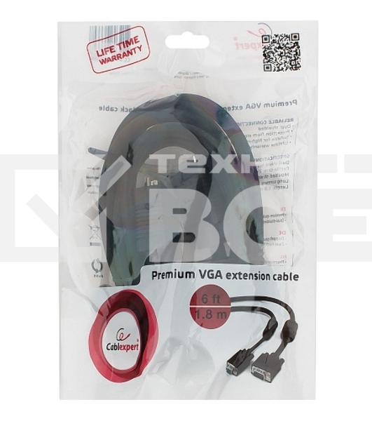 Кабель Gembird/Cablexpert CC-PPVGAX-6B, Кабель удлинитель VGA Premium , 15M/15F, 1.8м, чёрный, тройной экран, феррит.кольца