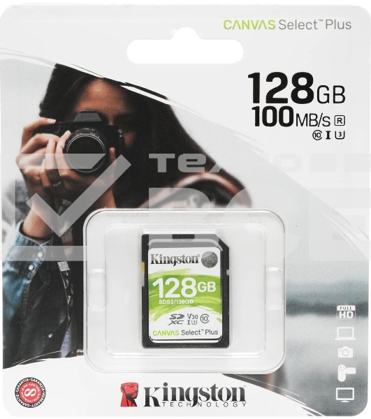 Флеш карта SDHC 128Gb Class10 Kingston <SDS2/128GB>, Canvas Select 100R CL10 UHS-I