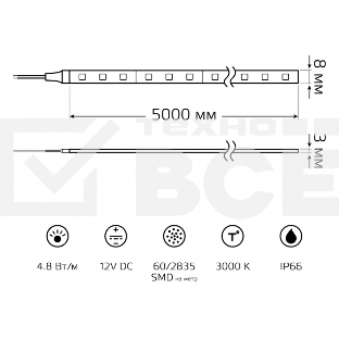 Лента LED Elementary 2835 -SMD 4.8W 12V DC теплый белый IP66 (ZIP bag 5m)