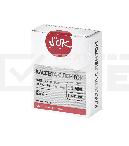 Кассета с лентой S'OK by Sakura Printing TZE445 для Brother, белый на красном, 18мм/8м, наклейка