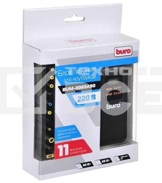 Блок питания Buro BUM-0065A90 автоматический 90W 12V-20V 11-connectors 5A 1xUSB 2.1A от бытовой электросети LСD индикатор