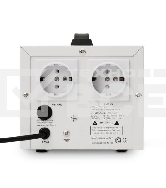 Стабилизатор напряжения Powerman AVS-D Voltage Regulator 1000VA, Digital Indication, 2x Schuko Outlets, 1m Power Cord, 230V, 1 year warranty, White