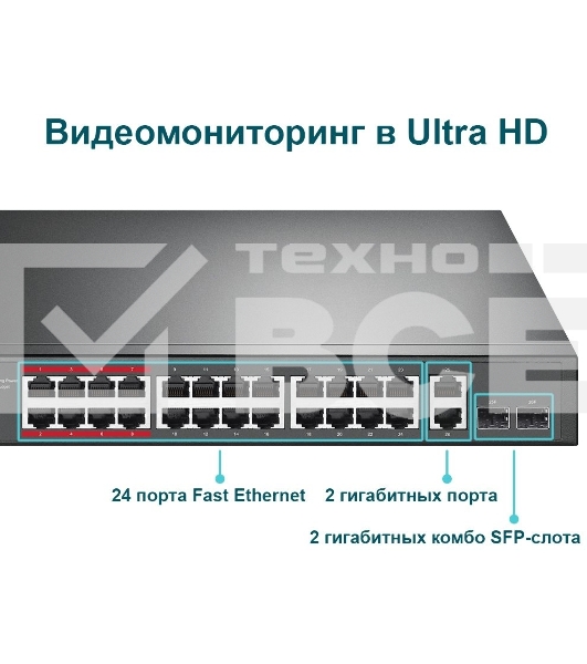 Коммутатор 24-port 10/100Mbps Unmanaged PoE+ Switch with 2 combo RJ-45/SFP uplink ports, metal case, rack mount, 24 802.3af/at compliant PoE+ ports, 2 gigabit combo RJ-45/SFP uplink ports, DIP switches for Extend mode, Isolation mode and Priority mode, up