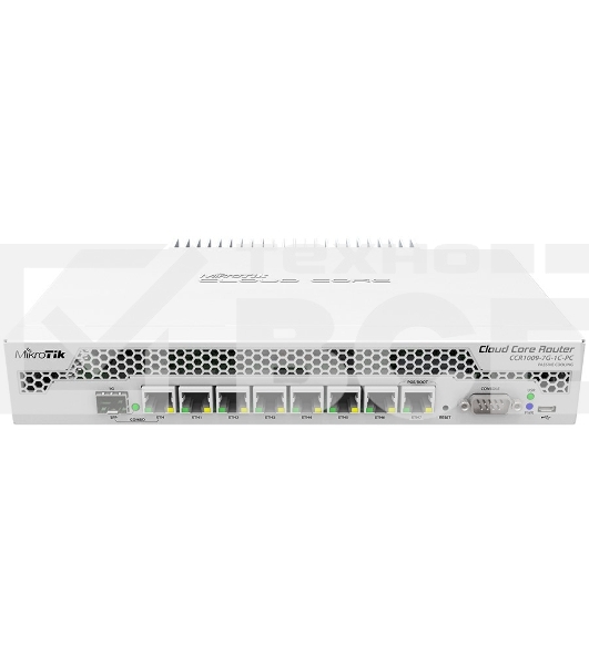 Маршрутизатор Mikrotik CCR1009-7G-1C-PC with Tilera Tile-Gx9 CPU (9-cores, 1Ghz per core), 1GB RAM, 7xGbit LAN, 1x Combo port (1xGbit LAN or SFP), RouterOS L6, passive cooling desktop enclosure, rackmount ears, PSU