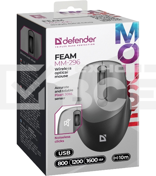 Мышь беспроводная Defender Feam MM-296 черный, 1600 dpi, радиоканал, USB, кнопки - 4