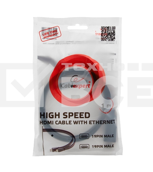 Кабель Cablexpert HDMI CC-HDMI490-15, 19M/19M, v2.0, медь, позол.разъемы, экран, плоский кабель, 1м, черный, пакет