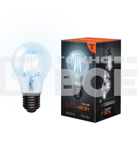 Лампа светодиодная филаментная Rexant Груша A60 7.5 Вт 750 Лм 4000K E27 прозрачная колба