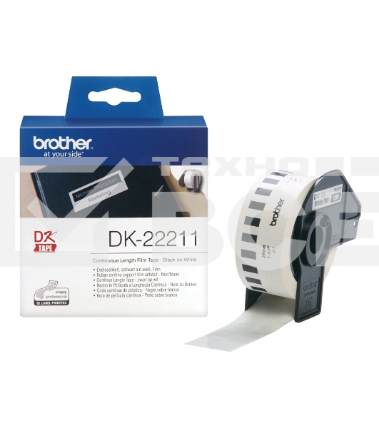 Пленочная клеящаяся лента Brother DK22211 29 мм x 15.24 м, черный шрифт, белый фон