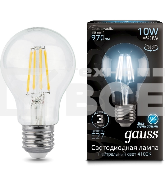 Лампа филам. Gauss 10Вт цок.:E27 шар 220B 4100K св.свеч.бел.ней. A60 (упак.:10шт) (102802210)